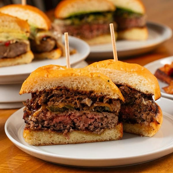 Two Charlies Burgers cut in half, revealing juicy patties, melted cheese, and caramelized onions.