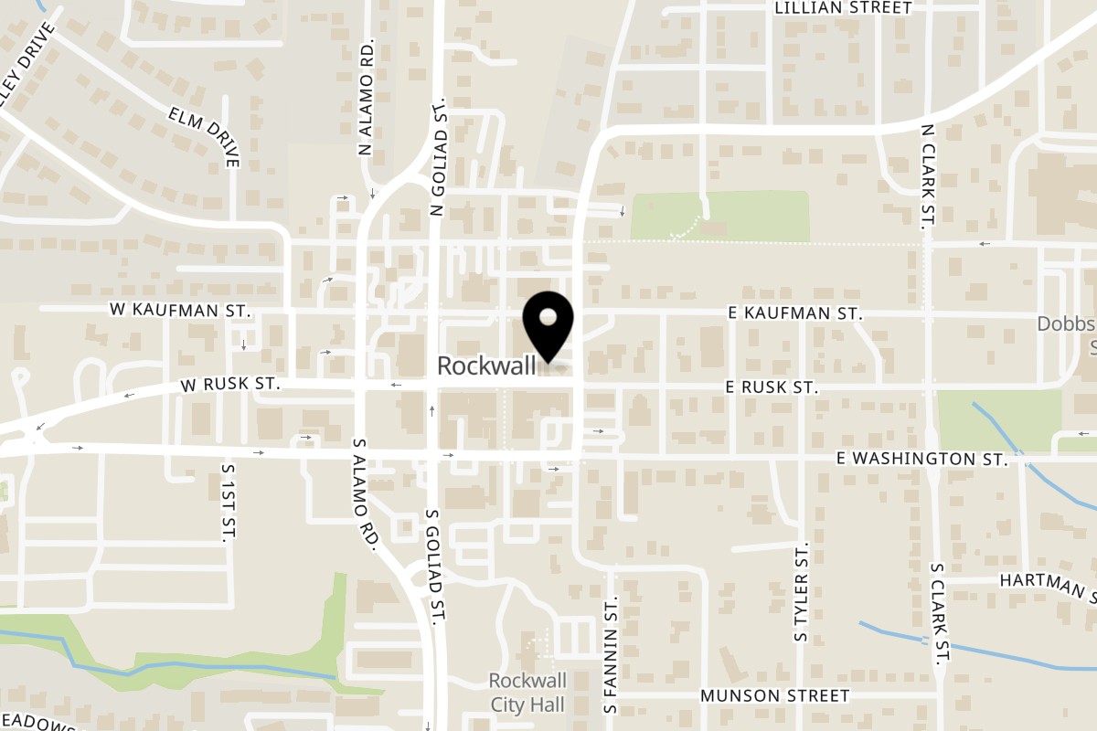 Map showing the location of Charlies Burgers & Street Tacos on 213 E Rusk St in Rockwall